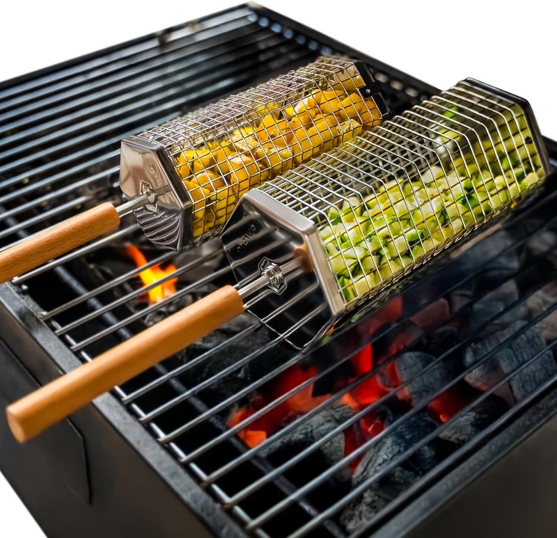 Otawe 2 Pack Rolling Grill Basket – Stainless Steel Grilling Basket with Lid and Removable Wooden Handle – BBQ Accessories for Vegetables, Shrimp, Meat – Outdoor Cooking Gift for Dad or Husband – - Image 1
